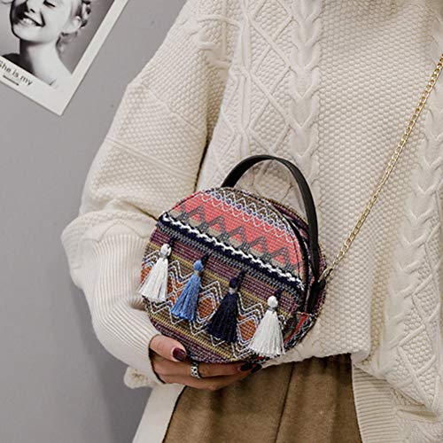 Schimer Sac à bandoulière en PVC pour Femme Bohême Vintage Quaste Petite chaîne Portable Sac Rond 18 x 18 x 7 cm Bleu