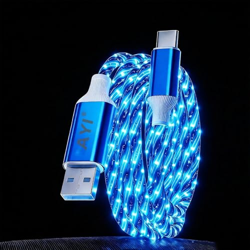 Image of AYI USB C to A Charging Cable 3.3ft, LED Glowing Starry Sky Light-Up Cord, PVC Tangle-Free Fast Charging Cable with Smart Chip, Data Transfer Sync Cord for USB-C Devices, Blue.
