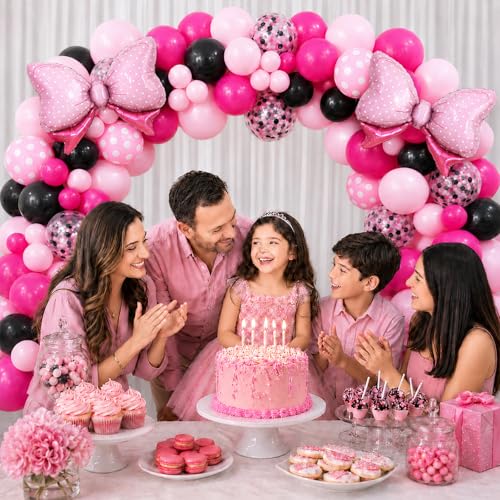 Image of Pink and Black Balloons with 2Pcs Pink Bow Balloons | 50 Pcs 12 Inch Hot Pink Black Balloons Set with Confetti Balloons for Girl Birthday Bachelorette Party Wedding Decorations