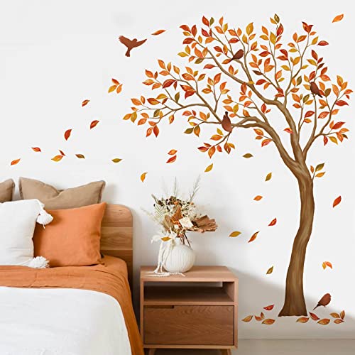 wondever Stickers Muraux Arbre et Oiseaux Grand Autocollants Muraux Mural Stickers Feuilles d'Automne pour Chambre Salon Mur TV (H: 170cm)