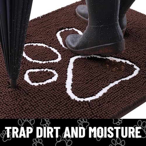 Image of Smiry Dog Door Mat for Muddy Paws, Absorbent Dirt Trapper Non Slip Quick Dry Washable Chenille Mat for Mud Dogs, Entry Rug for Indoor and Outdoor (34x21 Inches, Brown and White)