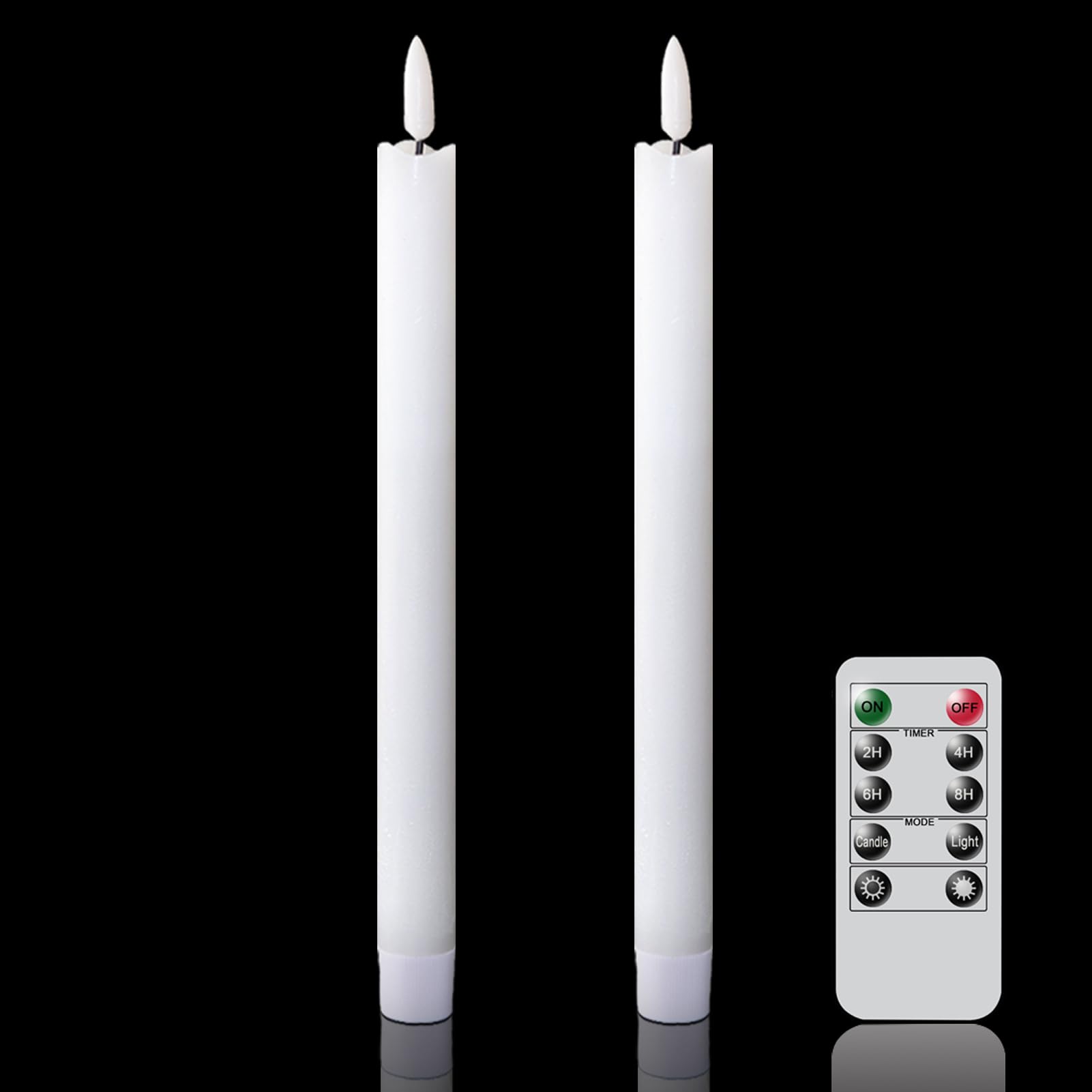 Eldnacele Flameless White Taper Candles Flickering with Remote and Timer, Battery Operated LED Warm 3D Wick Light Window Candles Real Wax Pack of 2 for Christmas Decorations(0.78 X 9.64 Inch)