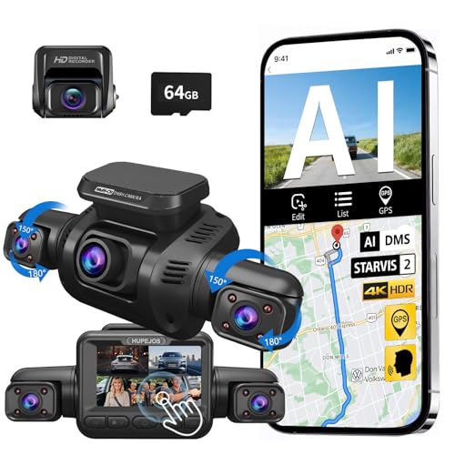 AI 4K Dash Cam Front and Rear Recording with Driver Monitoring System, STARVIS 2, 360° View 4 Channel Dashcam Free 64G Card, 5G Wi-Fi GPS, 3' Touch Screen, Night Vision, 24/7 Parking Mode, V8 MAX