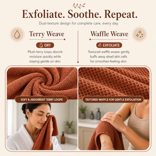 Image of Mush Bamboo Dual Texture Waffle Terry Bath Towel | 500 GSM Ultra Soft, Highly Absorbent, Quick Dry Towels | Large Towels for Bath, Gym, Spa | Burnt Orange (70x140 cm)