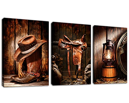 Western Cowboy Accessories Canvas Wall Art Brown Cowboy Hat Boots Pictures Wall Decor Saddle Oil Lamp Canvas Print Artwork Bedroom Living Room Wall Decoration Framed Ready to Hang 12" X 16" X 3Piece