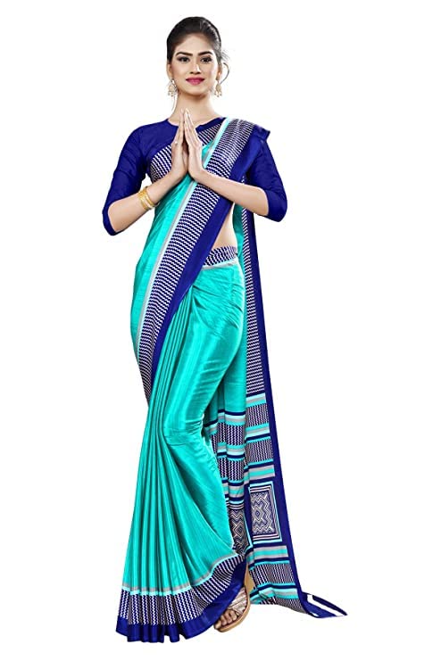 uniform sarees corp PRANI MITRA Women's Italian Silk Crepe Front Office Saree with Blouse (P.M-1009 ; Sea Green with blue border)-picture-37