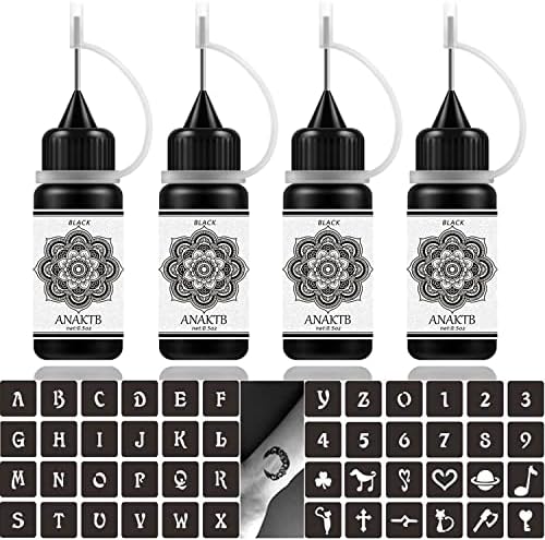 Temporary Tattoo Inks for Women Men, 4 Bottles Black Color Tattoos Inkbox, Semi Permanent Fake Tattoo Fake Freckles, Temporary Tattoo Kit with 4pcs Black Tattoo Gels and 54pcs Tattoo Stencils