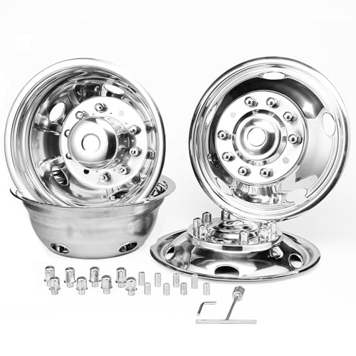 Image of 4pcs 19.5 inch Polished 304 Stainless Steel Wheel Simulators for F450 F550 | Front Rear, 10 Lug 5 Hand Hole, Bolt On Dually Hub Caps, For 2005-2025 Ford F-450 F-550 Super Duty, Install Tools Included