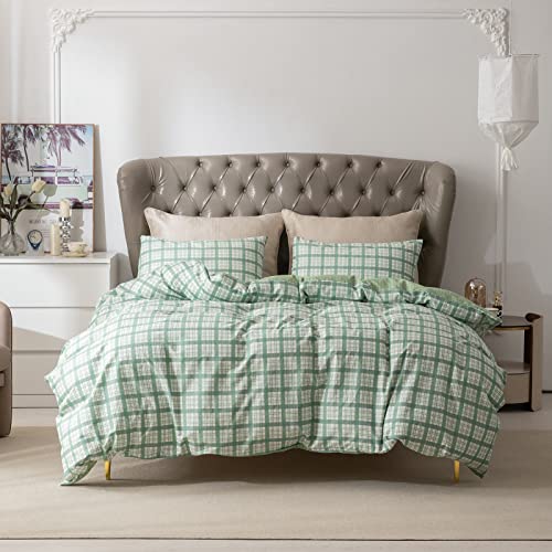 Plaid Duvet Cover King, 100% Cotton Green Plaid Bedding Set King For All Seasons, Green Gingham Plaid Print Duvet Cover Modern Style Reversible Grid Duvet Cover With Zipper Closure (No Comforter) #TOP21