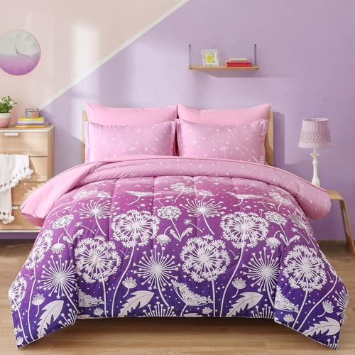 Menghomeus Girls Comforter Set Twin Size 5 Pieces Bed in A Bag Ombre Pink Purple Rainbow Bedding Set Dandelion Butterfly Print Kids Bedding Collections