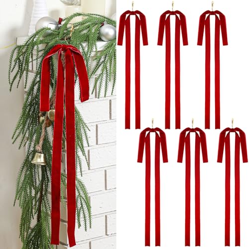 Janinka 6 Pcs Red Long Velvet Bows Christmas Ornaments 23.5x15.5 Inch Vintage Large Velvet Christmas Swag Staircase Wreath Tree Topper Bows Large Bow for Outdoor