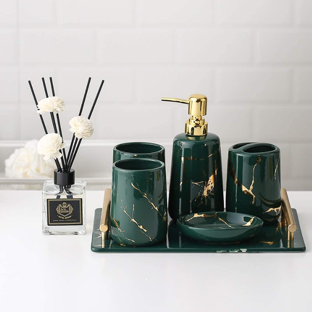Badezimmer Set 6-teiliges Keramik-Badezimmer-Accessoires-Set, Seifenspender/Zahnbürstenhalter/Mundspülbecher/Seifenbox, Marmorstruktur-Set Dekoration Organizer(Grün)