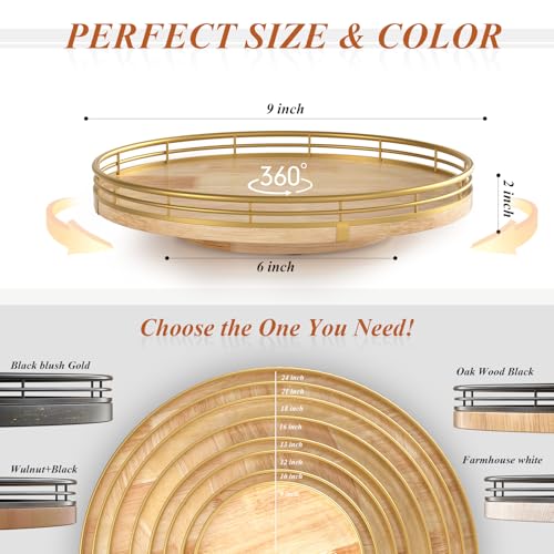 Image of Farmhouse Oak 9 inch Lazy Susan Turntable Organizer for Cabinet, Round Wooden Lazy Susan Organization and Storage for Dining Table, Pantry, Kitchen, Countertop, Cupboard,Home Decor