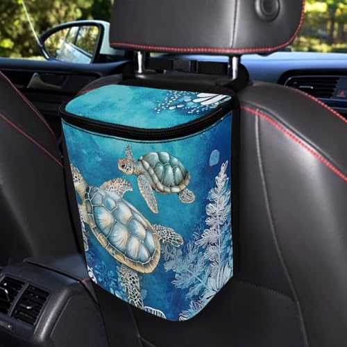 Image of Talayituse Turtle Water Plants Print Car Trash Can with Adjustable Straps, Zip Closure Car Trash Bag Bin Auto Garbage Bag Multipurpose Storage Box for Vehicle Travel Camping Picnicing