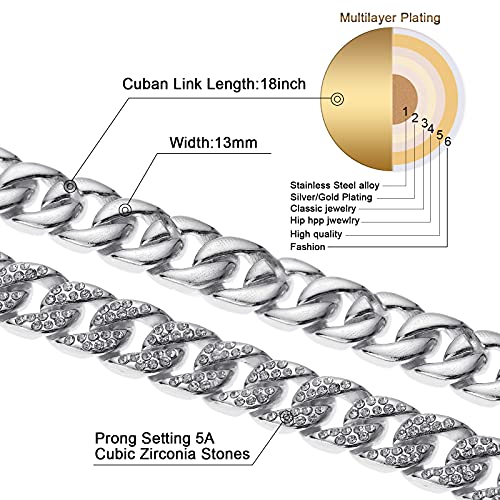 Saintda Cuban Link Chain Necklace Bracelet Set Men's Miami Iced Out Silver Gold Diamond Choker For Boys Women(Silver-13Mm,18) #TOP2