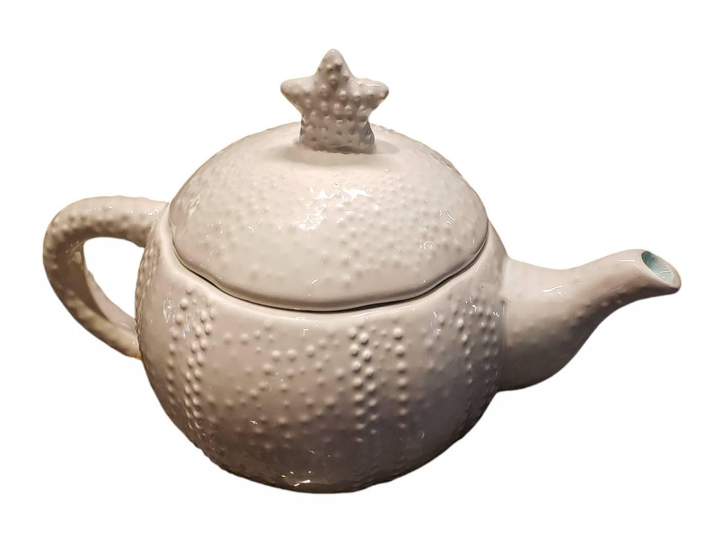 Ceramic White Embossed Dots Star on Lid Tea Pot - White 9 x 6 x 5 - With Lid Teapot