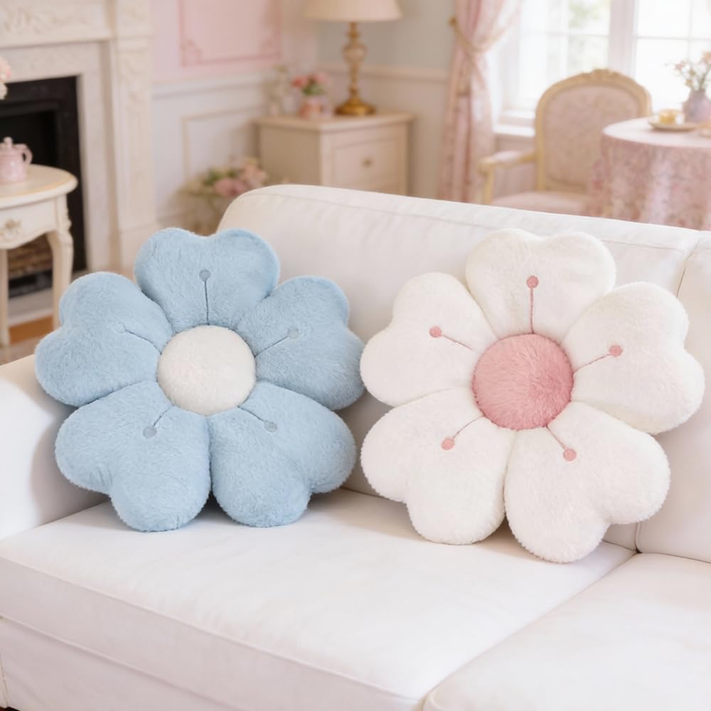 2Pcs Flower Pillow, 35cm Flower Cushion, Aesthetic Daisy Pillow, Soft and Fluffy Flowe r-Shaped Floor Cushion, Cute Room Decor for Bedroom, Sofa, Couch (White+Blue) — image 1