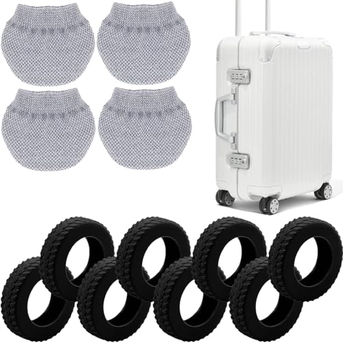 INUSO Luggage Wheel Covers 12-Pack for 8-Wheeled Suitcases (2–2.4in), Anti-Fall Silicone Protectors + Dustproof Fabric Socks, Travel & Storage Wheel Protector Set (Black+Grey)