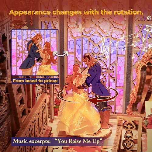 Image of Tonecheer DIY Book Nook Kit for Adults, 3D Wooden Puzzle Music Booknook Miniature Dollhouse, Fairy Tale Bookend Bookshelf Decor with Dust Cover and LED Lights Gifts (Beast‌ and Beauty)