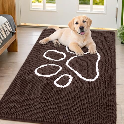 Image of Smiry Dog Door Mat for Muddy Paws, Absorbent Dirt Trapper Non Slip Quick Dry Washable Chenille Mat for Mud Dogs, Entry Rug for Indoor and Outdoor (47x32 Inches, Brown and White)