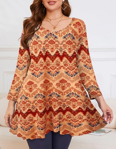 Image of LARACE Tunics 3 /4 Sleeve Plus Size Tops for Women V Neck Loose Fit Flowy Clothing for Leggings