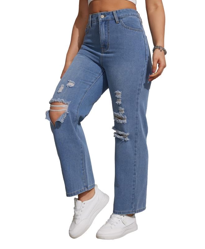 Women's Mid Waist Straight Leg Jeans Ripped Wide Leg Boyfriend Jean Summer Casual Denim Pants3