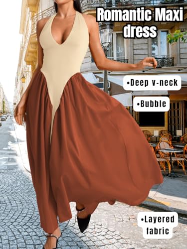 Image of ChiaoLezhee Deep V Neck Dress, Halter Maxi Dresses, Vacation Date Night, Sexy for Women Corset Flowy Wedding Guest Drop Waist