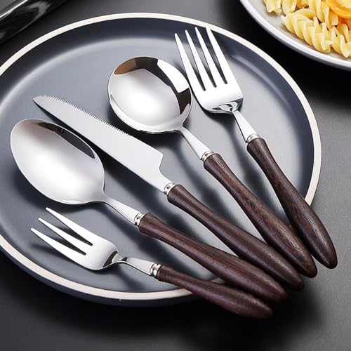 Ensemble de couverts élégants en bois et acier inoxydable pour 8 personnes - Vaisselle moderne de 40 pièces pour la cuisine et les restaurants - Comprend des couteaux, des fourchettes et des cuillères