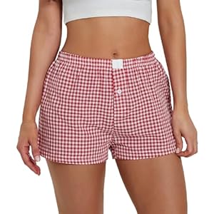Women Y2k Plaid Shorts Elastic Waisted Gingham Pajama Shorts Plaid Boxers Shorts Lounge Sleep Shorts Bottoms