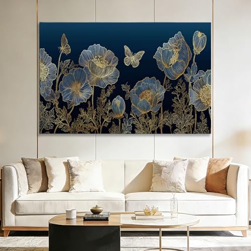 Genérico Cuadros decorativos Azul Oscuro Impreso en Lienzo 1 pieza, Lienzos Dormitorio Decoración Naturaleza Floral Animales Mariposa Cuadros para Pasillo Oficina Comedor Baño (120 x 80 cm) con Marco