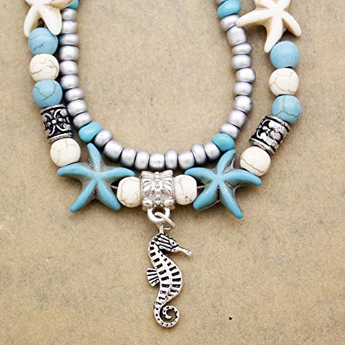 Image of Softones Blue Starfish Turtle Anklet Multilayer Charm Beads Sea Handmade Boho Anklet Foot Jewelry for Women
