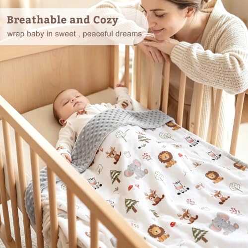 Image of HOMRITAR Animals Baby Blanket for Boys Girls Double Layer Dotted Backing | Soft Cozy Throw Blanket with Woodland Elephant Lion Print for Infant Toddler Nursery Crib Stroller Shower Gift 30 x 40 Inch