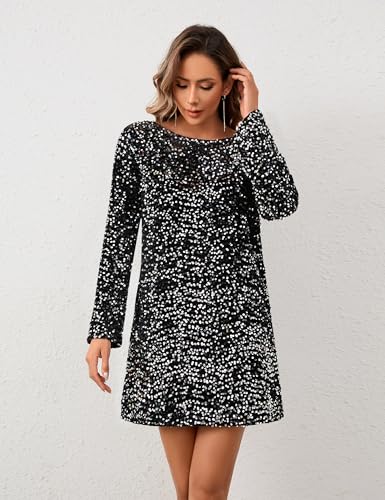 Womens Long Sleeve Sparkly Sequin Mini Dress Backless Bow Tie Short Dress Loose Fit Party Cocktail Glitter Dresses3