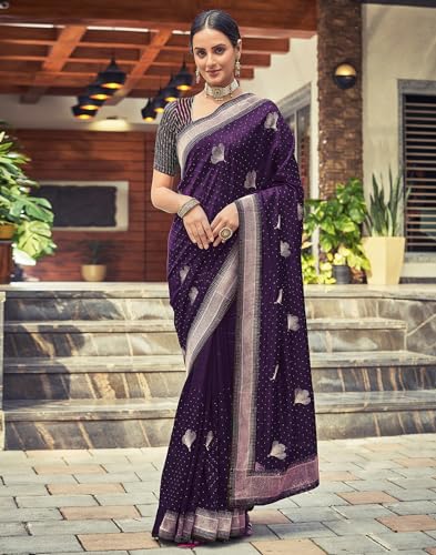 Image of SIRIL Women's Vichitra Silk Embroidery Stone Work Saree With Unstitched Blouse Piece