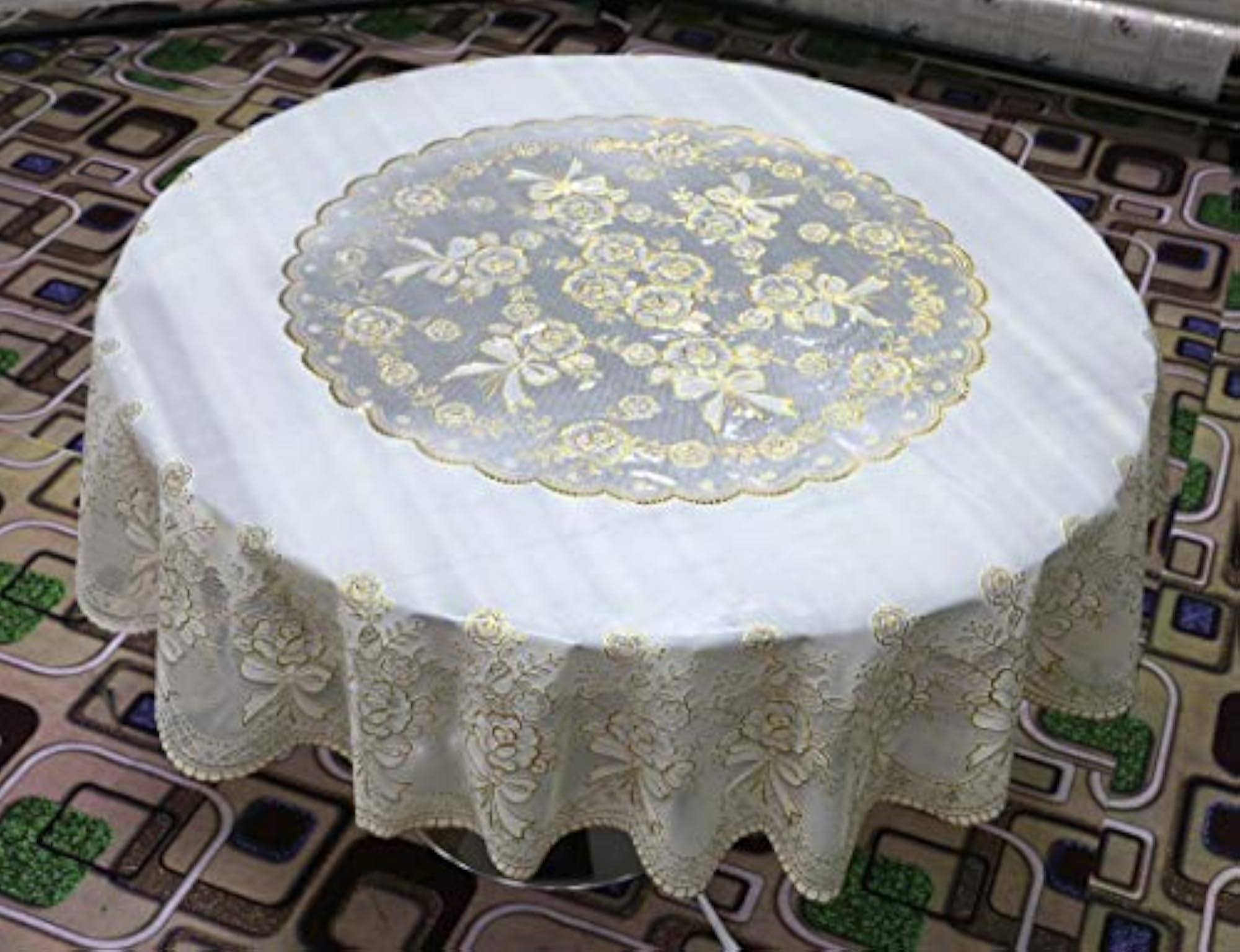 Gold Designer Round Table Cover, 72 Inch