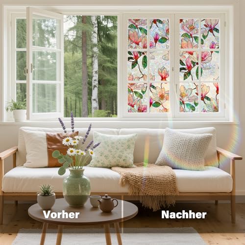 Conkov Fensterfolie Blickdicht Selbsthaftend, Bunt Sichtschutzfolie Regenbogen Statisch Haftend Folie Fenster Anti-UV Sonnenschutzfolie für Wohnzimmer Küche, Magnolie 44,5 x 200cm