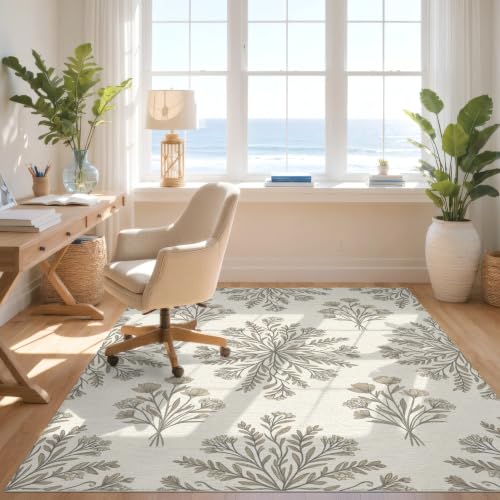 Design&I 8'x10' Washable Area Rug Neutral Floral Vine with Delicate Scattered Botanical Sprigs for King Size Bedroom, Master Suite, Under Bed, Sleek Flatweave Pet Friendly Built-in Grip - Image 3