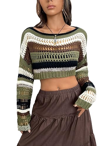 Milumia Women's Striped Long Sleeve Crop Sweater Boat Neck Drop Shoulder Loose Knit Pullover Tops