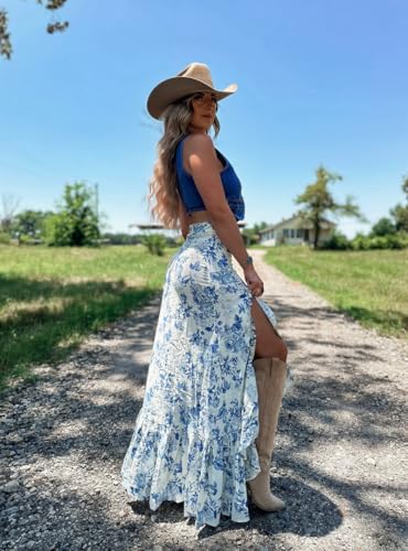 THLAI Womens Skirt Maxi Skirt Floral Print Pleated Split Summer Daily Skirt4