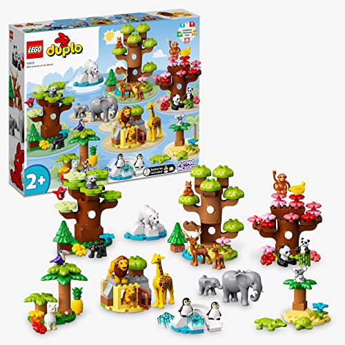 Lego 10975 Duplo Animaux Sauvages du Monde, Jouet Éducatif pour Enfants 2 Ans, 22 Figurines de Lions, Daims, Alpaga, avec Tapis de Jeu sur Le Monde