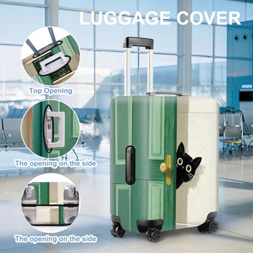 Image of Black Cat Peeking Door Luggage Cover - Stretchable Travel Suitcase Protector for 32-34 Inch Luggage - Whimsical Green Door and Beige Wall Design,XL