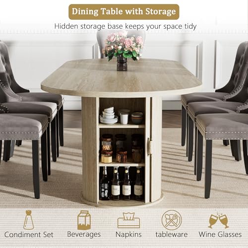 Image of 63 inch-94 inch Large Oval Extendable Dining Table for 6 8 10, Faux Travertine Expandable Kitchen Table with Fluted Cylindrical Storage Base, Modern Farmhouse Expanding Table for Dinner Party Family Gathering