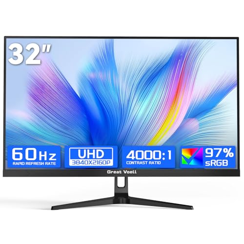 Image of Great voell 32inch 4K UHD Computer Monitor, 3840x2160p, 100% sRGB, 178 Viewing Angle, HDMI & DisplayPort, VESA 75x75mm, Black