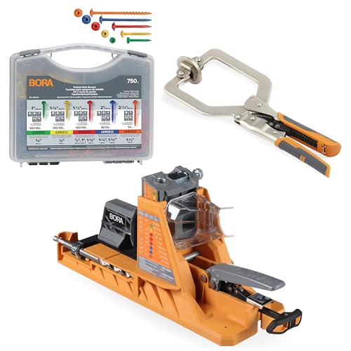 Image of BORA Automatic Pocket Hole Jig with 750 pc Screw Set & 3 inch Face Clamp, Auto Adjusting Drill Guide, Pocket Hole Jig Kit for Woodworking - For Materials 1 /2 inch to 1 1 /2 inch Thick