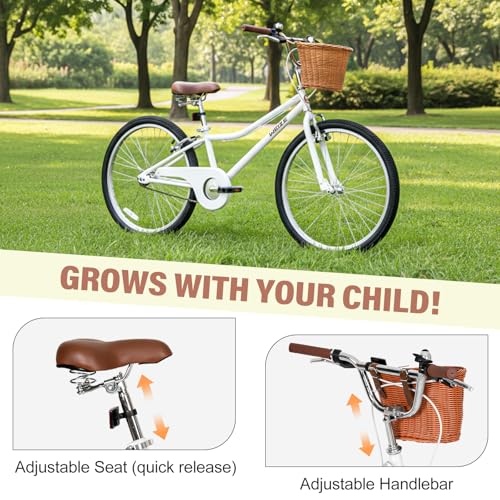 Image of WEIZE Beach Cruiser Bike, 24 Inch Kids Bike with Basket and Kickstand, Retro Style Childrens Bicycle for Teen Girls, Lightweight Steel Frame, White