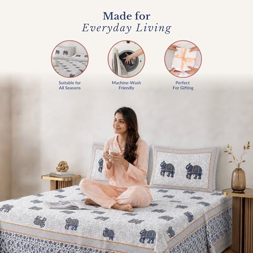 Image of Jaipur Weaves Jaipuri Cotton King Size Bedsheet 108x108 Super King, 144 TC 100% Pure Cotton Double Bed Sheet with 2 Pillow Covers, Royal Elephants Traditional Print - (Elephants Blue, Super King)