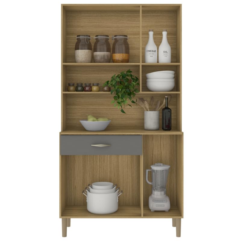 ACTUAL DIFFUSION Buffet de Cuisine 6 Portes 1 Tiroir Chêne et Gris 7 Niches L 90.9 H 173.5 P 36.3 cm