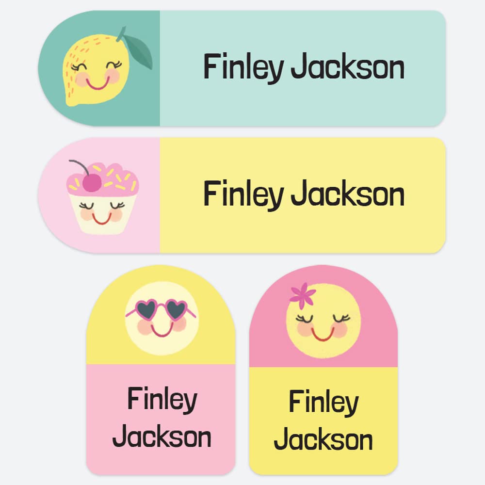 50 x No Iron Personalised Stick On Waterproof Washable Name Labels Great for Clothes, School Uniform, Equipment, Shoes. School, Nursery, Day Care, Hospital - Girls Emoji Icons