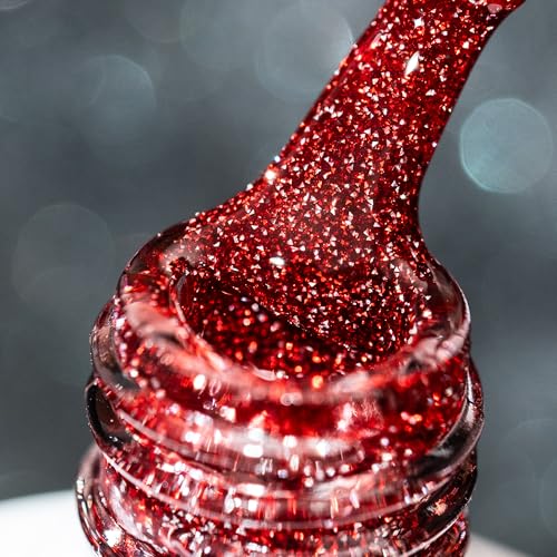 BURANO Red Reflective Glitter Gel Nail Polish UV LED 7.3ml Sparkle Nail Polish Holographic Glitter Gel for Christmas Curing Need for DIY Home S26