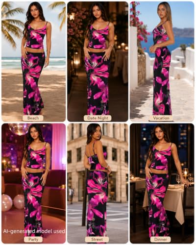 Image of Two Piece Skirt Set Women Maxi Long Skirt and Top Outfit | Soft stretchy 5 pc, slim bodycon, adjustable spaghetti straps, ruched crop tank, elastic waist, going out, beach vacation